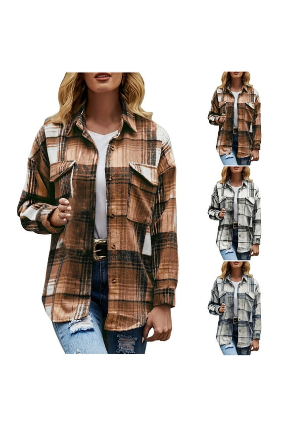 Women's Flannel Plaid Shirt Long Sleeve Button Down Shacket Jackets Coat Casual Shirt with Pockets