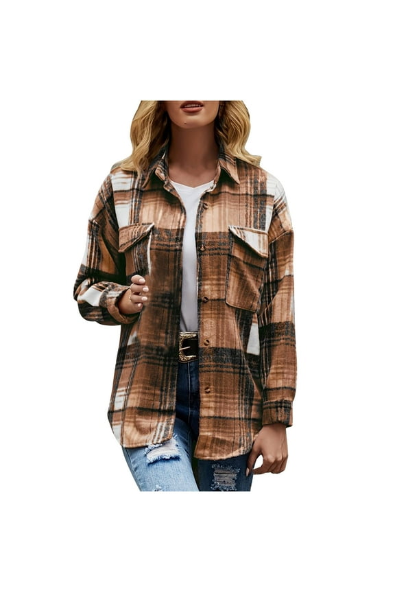 Women's Flannel Plaid Shirt Long Sleeve Button Down Shacket Jackets Coat Casual Shirt with Pockets
