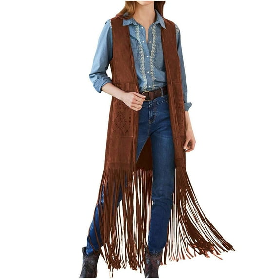dazeni Clearance Prime Day Women's Fringe Long Vest Cardigan Tassels 70s Hippie Sleeveless Vest Shrug Cardigan Waistcoat Jacket Outwear Tops