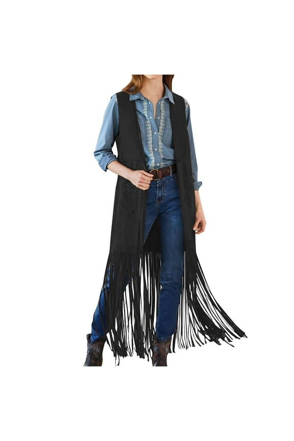 Women's Fringe Long Vest Cardigan Tassels 70s Hippie Sleeveless Vest Shrug Cardigan Waistcoat Jacket Outwear Tops