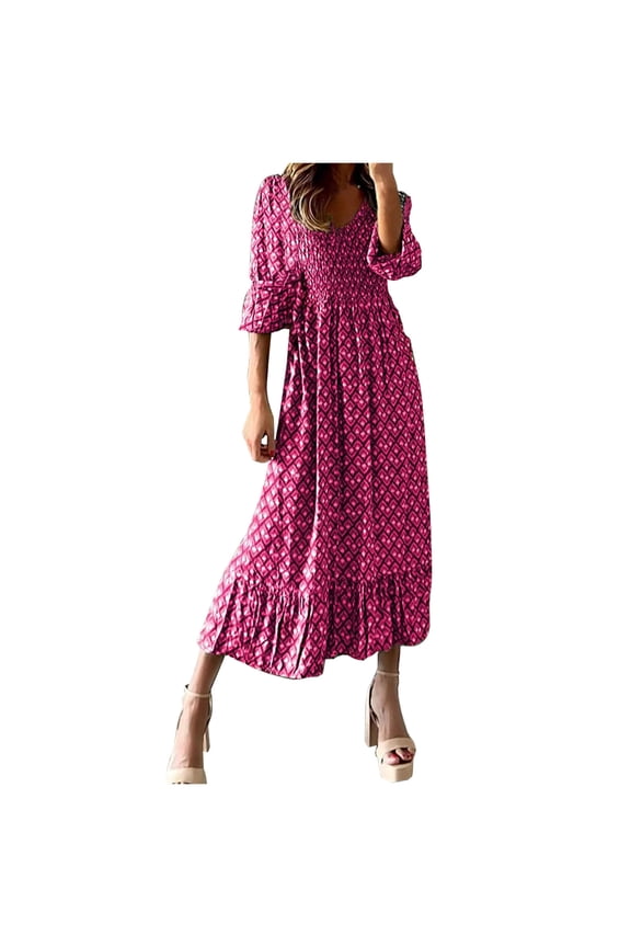 Women's Flutter 3/4 Sleeve Midi Dress Ruffle Tiered Flowy Floral Boho Dress Casual A Line Swing Long Dress