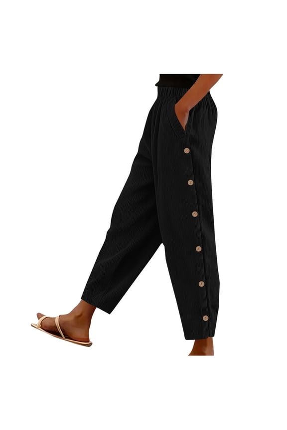 Comfy Corduroy Capris for Women Elastic Waisted Cropped Pants Casual Pull On Pants with Pockets Baggy Loose Slacks Black Small
