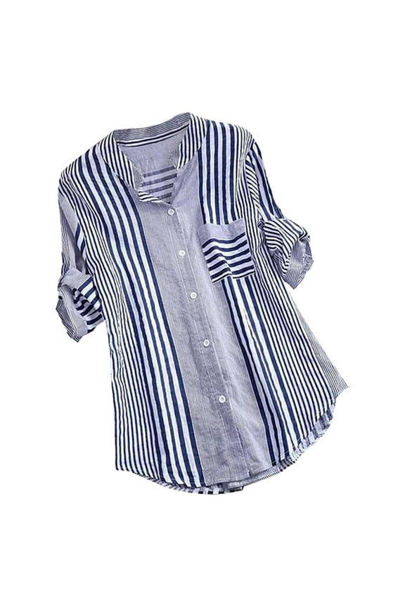 Cotton Linen Striped Shirts for Women Button Down 3/4 Roll Up Sleeve Blouse Shirts Loose Blouses Tunics Swing Top
