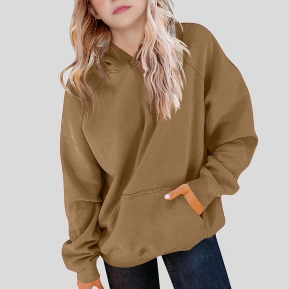 dazeni Drop Shoulder Hoodie for Teen Girls 5-15 Years Casual Long Sleeve Sweatshirts Pullover with Pockets Spring Fall Preppy School Clothes Coffee 14 Years