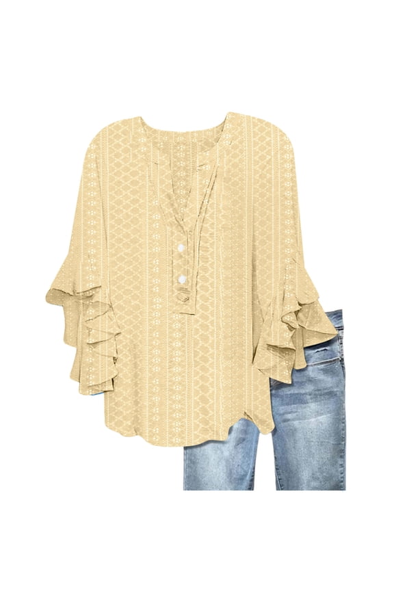 Eyelet Flowy Tunic Tops for Women Lightweight Dressy Ruffle 3/4 Sleeve Shirts Buttons V Neck Trendy Boho Blouses