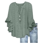 dazeni Eyelet Flowy Tunic Tops for Women Lightweight Dressy Ruffle 3/4 Sleeve Shirts Buttons V Neck Trendy Boho Blouses