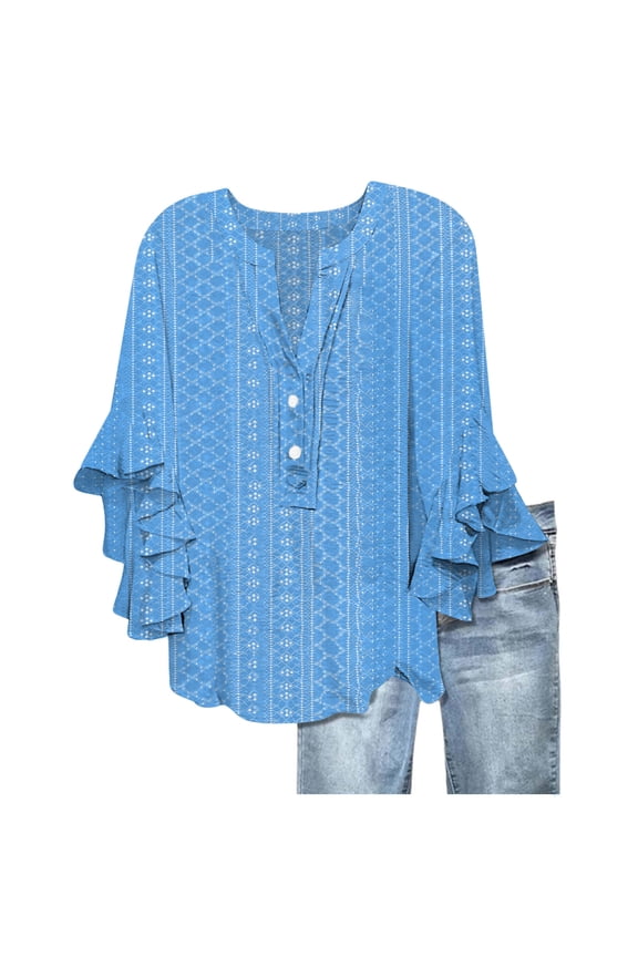 Eyelet Flowy Tunic Tops for Women Lightweight Dressy Ruffle 3/4 Sleeve Shirts Buttons V Neck Trendy Boho Blouses