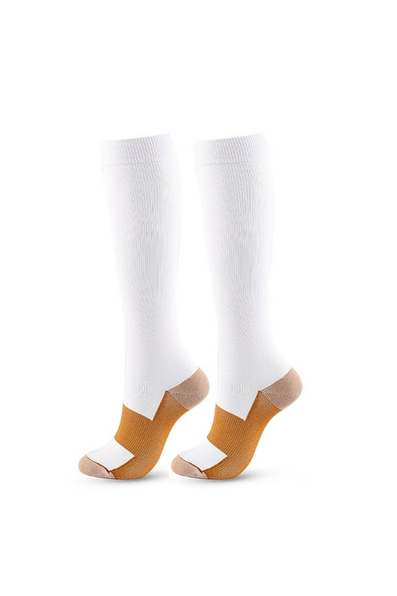 Fashion Nylon Compression Socks for Women & Men Over Color Block The Calf Long Socks Breathable Knee High Stockings for Running Travel Athletic White S