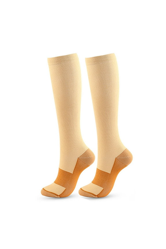 Fashion Nylon Compression Socks for Women & Men Over Color Block The Calf Long Socks Breathable Knee High Stockings for Running Travel Athletic Yellow L