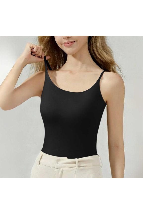 Fitted Cami Tops Womens Seamless Spaghetti Strap Tee with Bulit in Bra Scoop Neck Sleeveless Shirts Solid Casual Basic Undershirts Black Medium