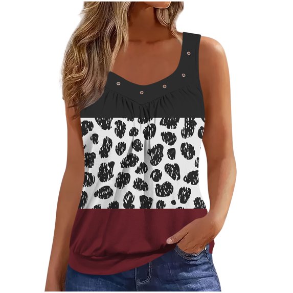 dazeni Floral Print Tank Tops for Women Trendy Pleated Crewneck Tee Summer Casual Dressy Blouse Loose Sleeveless T Shirts Wine 3X-Large
