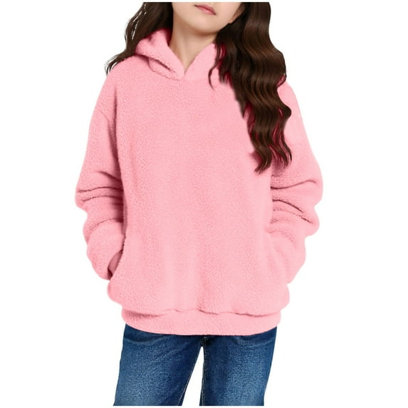 dazeni Fuzzy Fleece Hoodies for Girls Sherpa Winter Pullover Sweatshirt with Cute Ear Hoody Solid Loose Warm Outwear Coat with Pocket Pink 12 Years