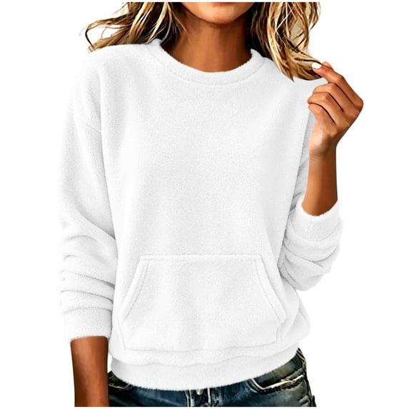 dazeni Fuzzy Fleece Long Sleeve Tops for Wome Solid Casual Sweatshirts Lightweight Soft Fluzzy Plush Crewneck Sweatshirts Fall Pullover White Large