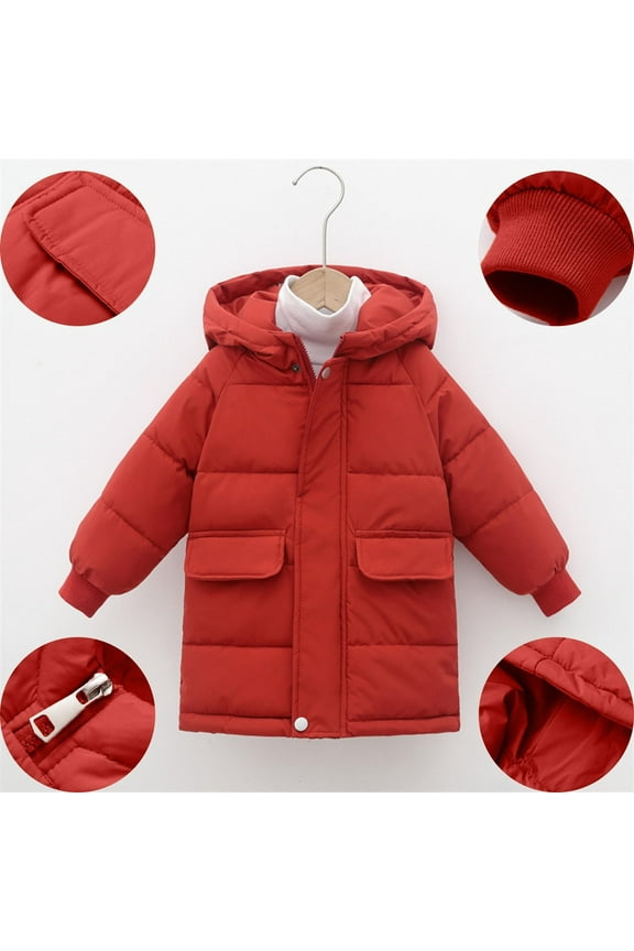 Girls 2-12 Y Winter Coats Solid Casual Hooded Puffer Jackets Knee Length Down-like Padded Coats Heavyweight Thermal Snow Outwear Red 5 Years