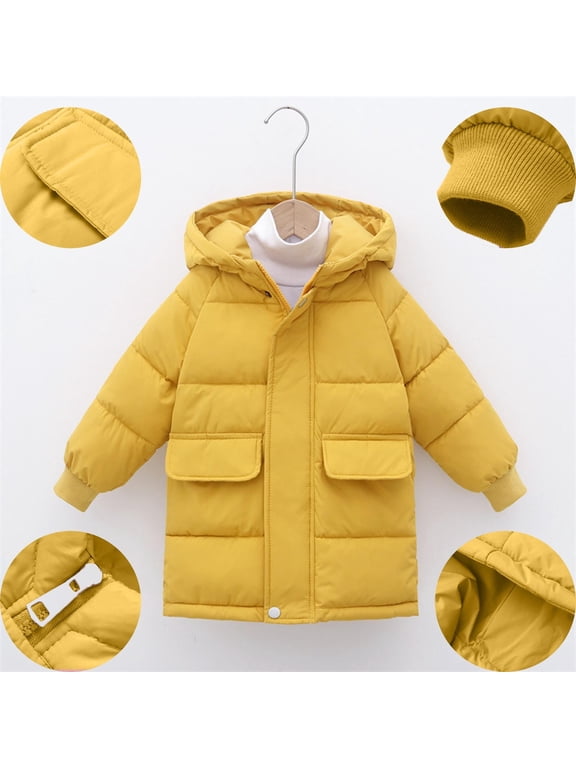 Girls 2-12 Y Winter Coats Solid Casual Hooded Puffer Jackets Knee Length Down-like Padded Coats Heavyweight Thermal Snow Outwear Yellow 3 Years
