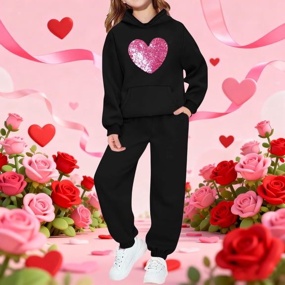 dazeni Girls 2 Piece Outfits Cute Heart Print Tracksuit Oversized Drop Shoulder Hoodies Sweatshirt and Drawstring Joggers Set with Pockets Black