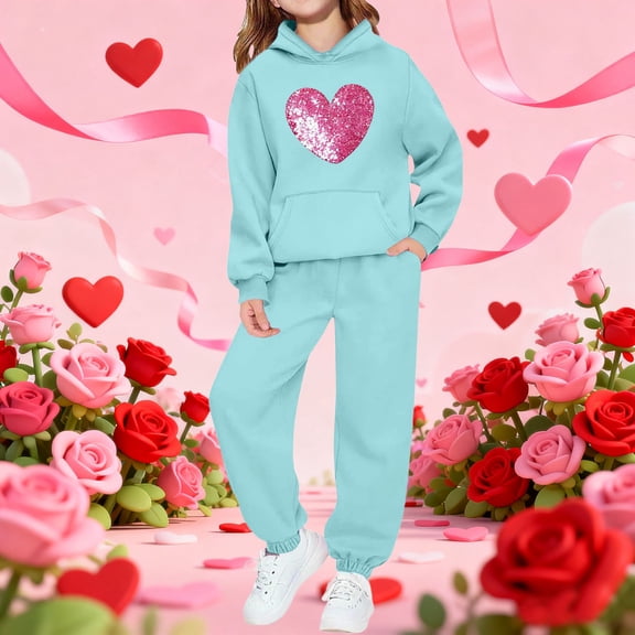dazeni Girls 2 Piece Outfits Cute Heart Print Tracksuit Oversized Drop Shoulder Hoodies Sweatshirt and Drawstring Joggers Set with Pockets Light Blue
