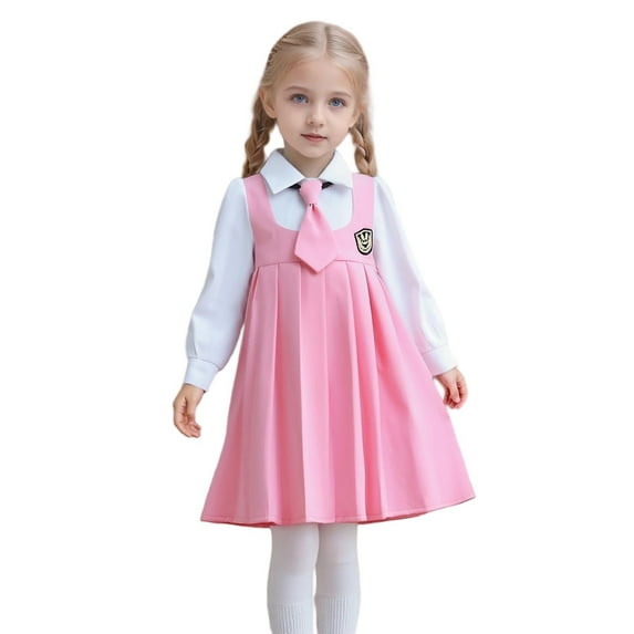 dazeni Girls 4-8 Years Skirts Sets Fashion School Uniform 2 Piece Outfit Patchwork Long Sleeve Shirt and Vintage Pleated Pleated Skirt Pink 7-8 Years