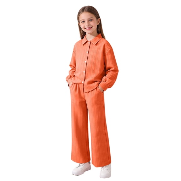 dazeni Girls 8-12 Years 2 Piece Outfits Lightweight Long Sleeve Button Down Shirts Wide Leg Pants Set with Pockets Lightweight Spring Back To School Clothing Orange 10-11 Years