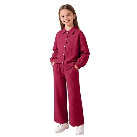 dazeni Girls 8-12 Years 2 Piece Outfits Lightweight Long Sleeve Button Down Shirts Wide Leg Pants Set with Pockets Lightweight Spring Back To School Clothing Wine 10-11 Years