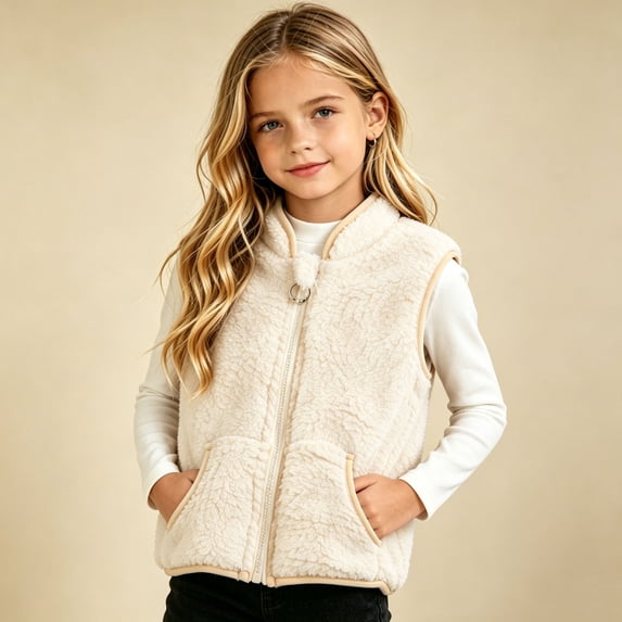 dazeni Girls Boys Sherpa Fleece Zip up Vest Kids 1-10 T Fuzzy Sleeveless Coat Fall Winter Warm Waistcoat Outerwear with Pockets White 5-6 Years