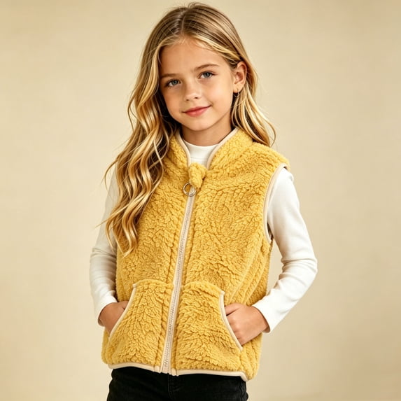 dazeni Girls Boys Sherpa Fleece Zip up Vest Kids 1-10 T Fuzzy Sleeveless Coat Fall Winter Warm Waistcoat Outerwear with Pockets Yellow 3-4Years
