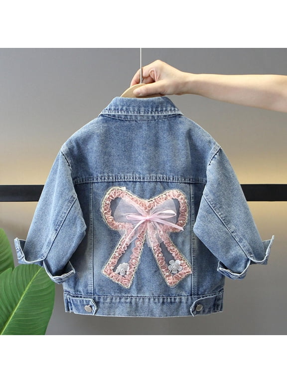 Girls Button Down Denim Jacket with Bow Casual Classic Jean Shirts Lightweight Long Sleeve Cowboy Coat Streetwear Pink 9 Years