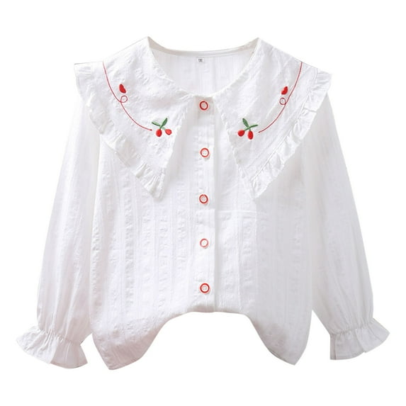 dazeni Girls Button Down Shirt White Lapel Long Sleeve Blouse for School Uniform Daily Lightweight Solid Dress Shirts for Teen Girls 4-15 Years