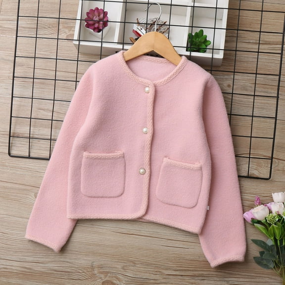 dazeni Girls Button Down Sweater Coat Fashion Long Sleeve Cardigan Sweater Solid Fall Winter Casual Outwear with Pockets Pink 7 Years