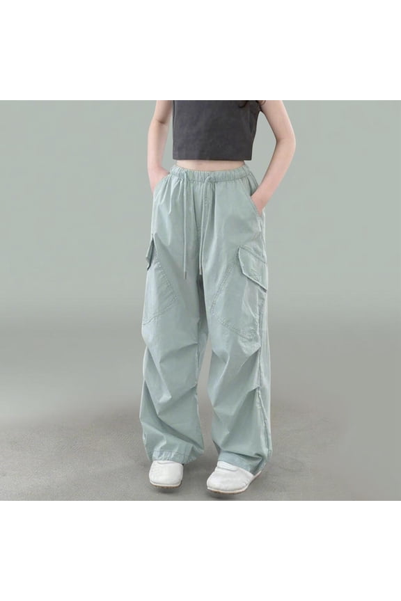 Girls Cargo Pants Cute Preppy Parachute Pant with Pockets Fall Trendy Solid High Waisted Wide Leg Streetwear Trousers with Multi Pockets Green