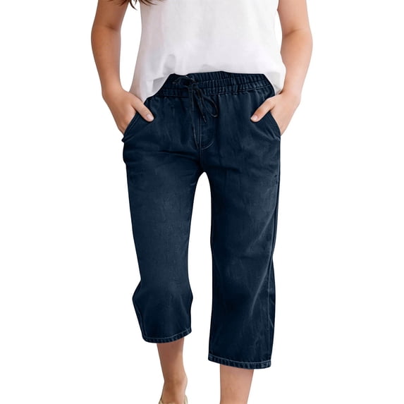 dazeni Girls Casual Capri Pants Straight Leg Cropped Denim Pants High Waisted Drawstring Jean Capris with Pockets
