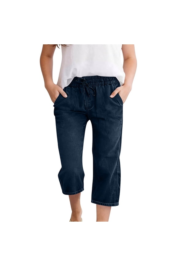 Girls Casual Capri Pants Straight Leg Cropped Denim Pants High Waisted Drawstring Jean Capris with Pockets