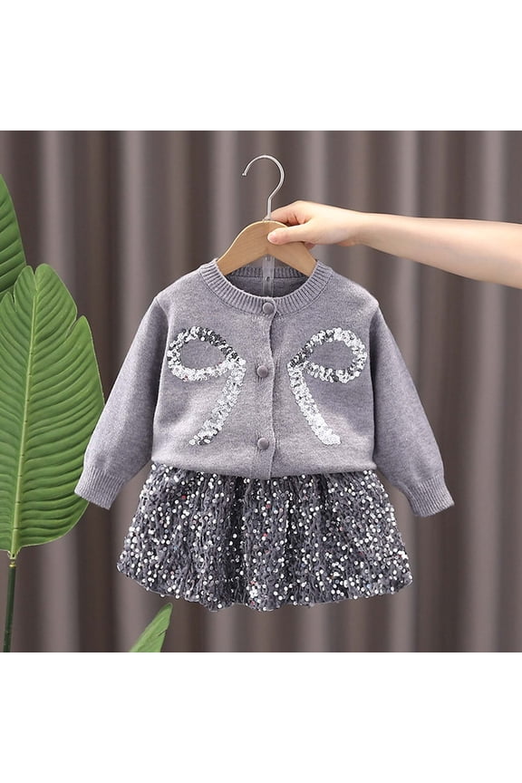 Girls' Clothing Sets 2 Pcs Long Sleeve Button Down Sweater and Sequin Skirts Ribbed Knit Trendy Spring Fall Outfits with Cute Bowknot