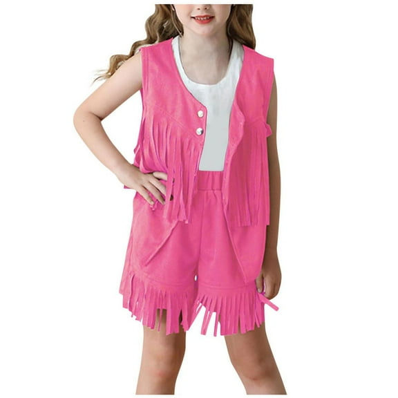 dazeni Girls Cloting Sets 2 Piece Fashion Cute Cowboy Vest and Shorts Sleeveless Fringe Suede Vests and Elastic Waisted Shorts Western Vest Jacket Cardigan Trendy Fall Outerwear Outfits