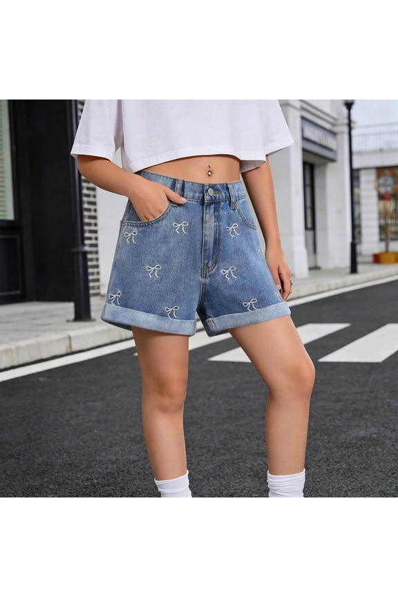 Girls Cute Bow Denim Bermuda Shorts High Waist Roll Hem Jean Shorts Summer Casual Vintage Jorts Dark Blue 170