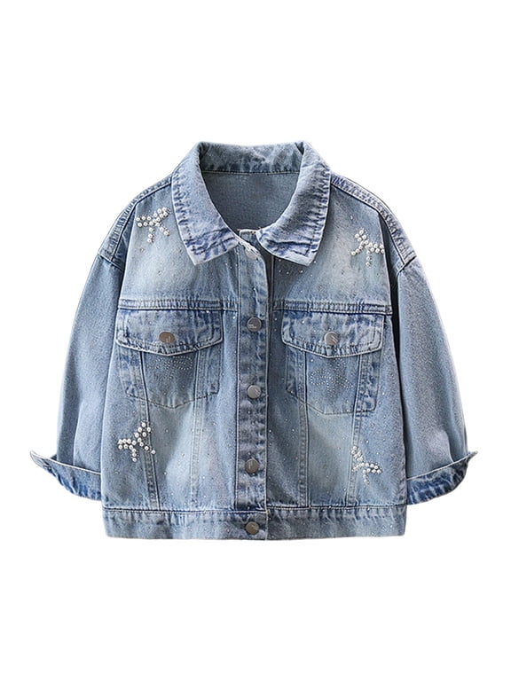 Girls Denim Jackets Cute Bow Long Sleev Button Down Jean Coat Lightweight Lapel Collar Trucker Jackets Cowboy Coat Casual Jackets Blue Size 2 Years