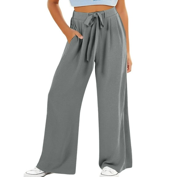 dazeni Girls Dress Pants with Bow Belt Solid Wide Leg Palazzo Lounge Pants High Waisted Front Tie Elastic Waist Baggy Trousers with Pockets Gray