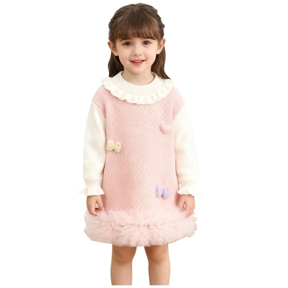 dazeni Girls Fall Ruffle Long Sleeve Sweater Cute Knit Mesh Tiered Sweater Dress Fashion Crewneck Tunic Pullover Jumper Pink 1-2 Years