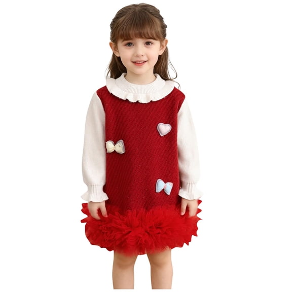 dazeni Girls Fall Ruffle Long Sleeve Sweater Cute Knit Mesh Tiered Sweater Dress Fashion Crewneck Tunic Pullover Jumper Red 1-2 Years