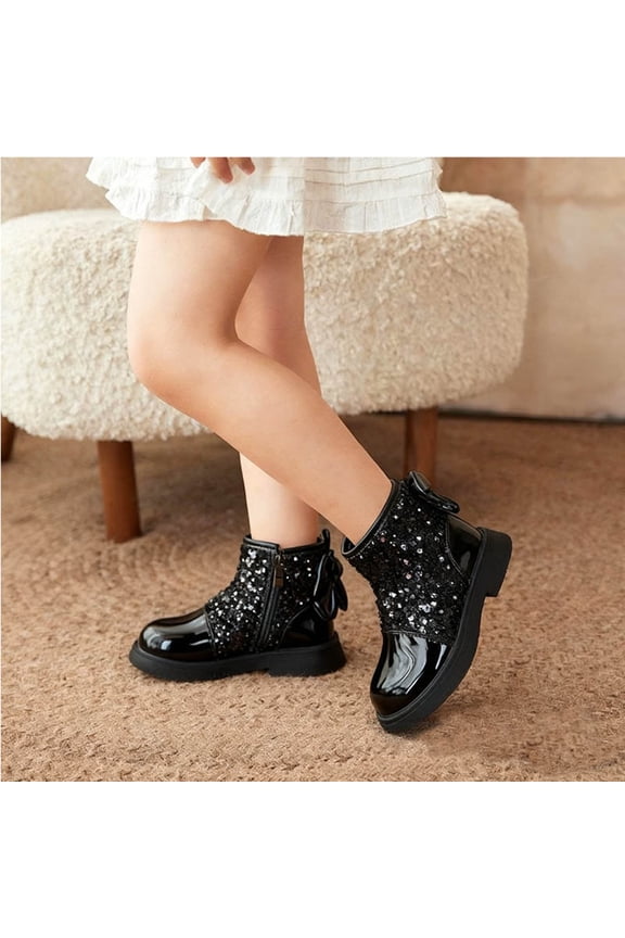 Girls Fashion Boots Sequin Side Zipper Ankle Booties Waterproof Round Toe Non-Slip Princess Shoes for Teens