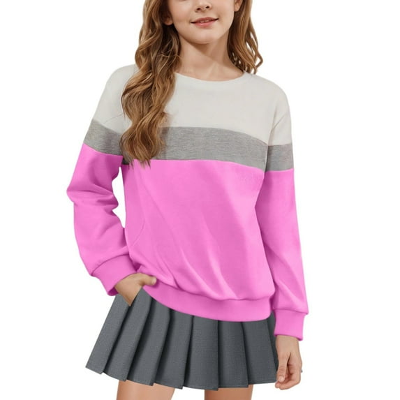 dazeni Girls Fashion Patchwork Long Sleeve Pullover Tops Fleece Lined Casual Basic Sweatshirts Loose Crewneck Sweatshirt Hot Pink 1 Years