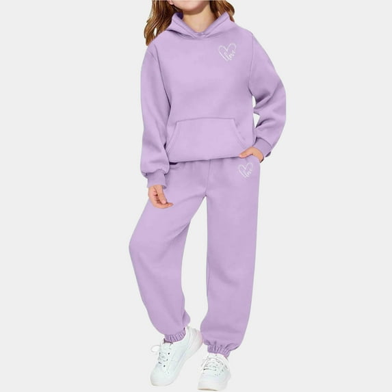 dazeni Girls Fleece Lined Athletic Sweatsuit Cute Love Heart Print Long Sleeve Hoodies Pullover with Joggers with Pockets Soft 2 Piece Outfits Sweat Suit Purple 2 Years