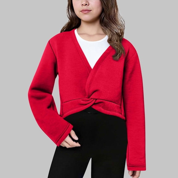 dazeni Girls Fleece Lined Dance Tops Front Twist Y2k Blouse Casual V Neck Long Sleeve Shirts for Teen Hot Pink 5 Years