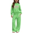 thumbnail image 1 of dazeni Girls Fleece Lined Sweatsuit 2 Piece Fall Winter Outfits Letter Print Hoodies and Wide Leg Sweatpants Set Athletic Tracksuit with Pockets Back to School Clothes Mint Green 9-10 Years, 1 of 6