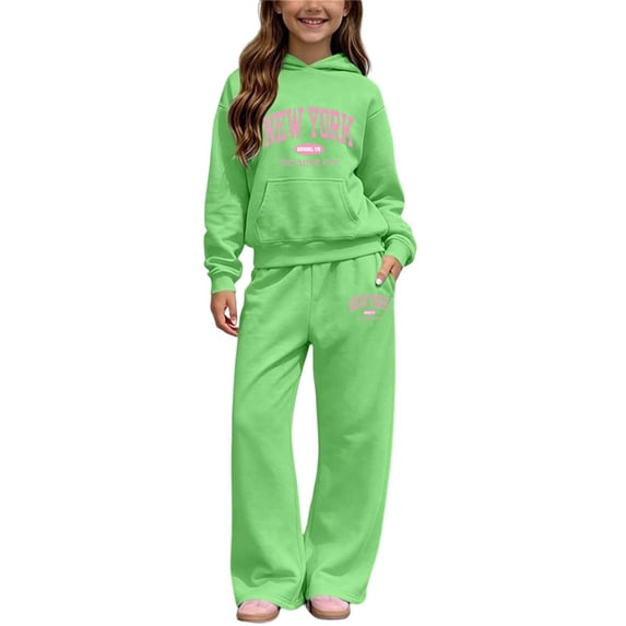 dazeni Girls Fleece Lined Sweatsuit 2 Piece Fall Winter Outfits Letter Print Hoodies and Wide Leg Sweatpants Set Athletic Tracksuit with Pockets Back to School Clothes Mint Green 9-10 Years