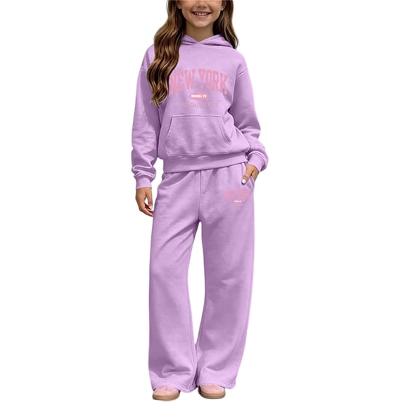 dazeni Girls Fleece Lined Sweatsuit 2 Piece Fall Winter Outfits Letter Print Hoodies and Wide Leg Sweatpants Set Athletic Tracksuit with Pockets Back to School Clothes Purple 9-10 Years