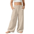 thumbnail image 1 of dazeni Girls Flowy Wide Leg Pants Summer Lightweight Linen Pants High Elastic Waist Loose Drawstring Trousers with Pockets Beige 5 Years, 1 of 8