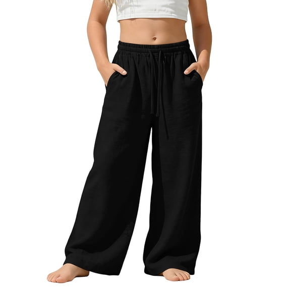 dazeni Girls Flowy Wide Leg Pants Summer Lightweight Linen Pants High Elastic Waist Loose Drawstring Trousers with Pockets Black 3 Years