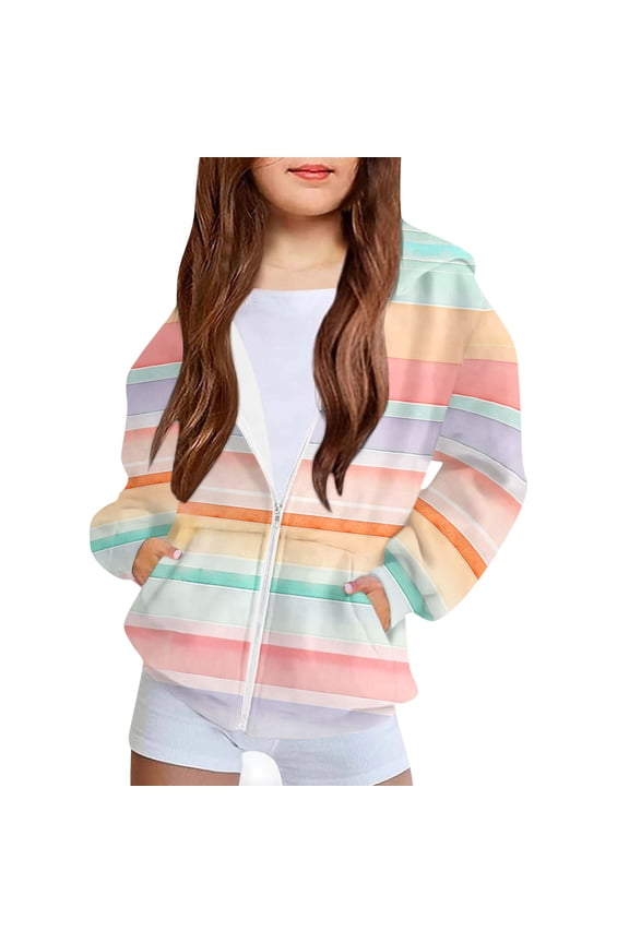 Girls Full Zip Up Hoodies Fashion Rainbow Colorful Long Sleeve Hooded Sweatshirts Loose Casual Pockets Jacket Coat for Tween