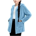 thumbnail image 1 of dazeni Girls Fuzzy Sherpa Cardigan Coat Full Zip Hoodie Fleece Open Front Jacket with Pockets Loose Casual Fall Winter Outwear Furry Soft Sweatshirt Blue 7 Years, 1 of 8